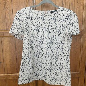 French Connection Cream Blue Marbled Blouse Top Lightweight Short Sleeve Size 10